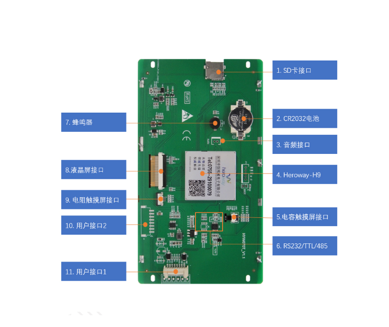 HYW070T 电容触摸 通信支持RS232/TTL/485 音频播放