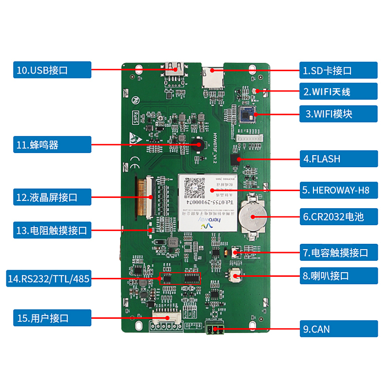 HYW070F 带电容触摸 通信支持RS232/TTL/485 音频播放
